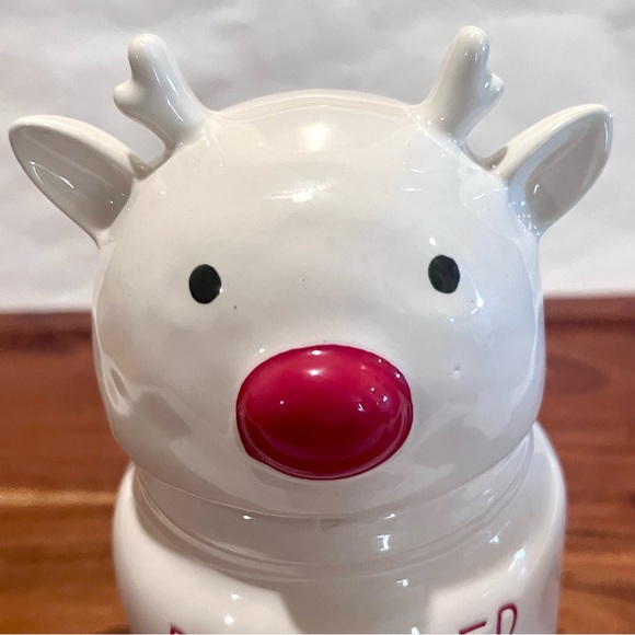 Rae Dunn Small Ceramic REINDEER SNACKS Canister Jar White/Red - Picture 3 of 12